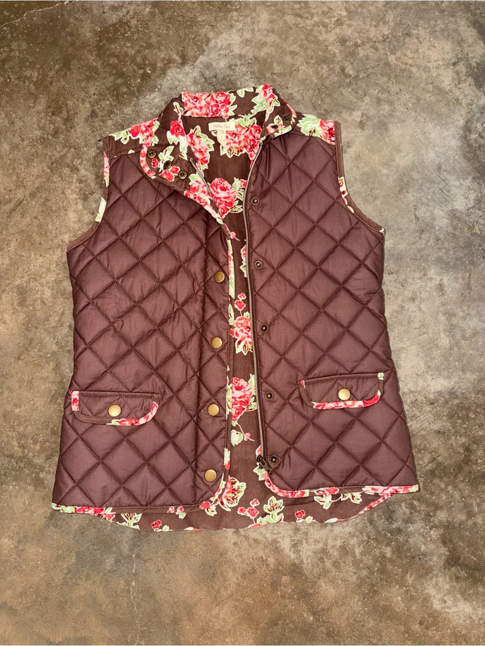 Matilda Jane Brown Quilted Floral Corduroy Vest Pockets Small Cottagecore Preppy